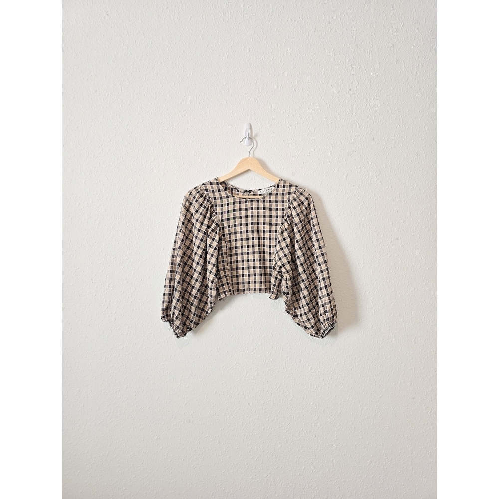 NEW Hyfve Neutral Checkered Puff Sleeve Crop Top S - Picture 1 of 8